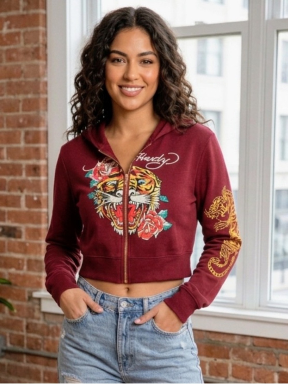 Ed Hardy Women Burgundy Cropped Zip Hoodie with Tiger & Rose Print SZ XL or 1X
